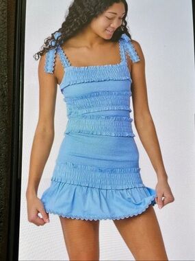 Cake for Dinner Small Lizzie Smocked Ruffle Tank Mini Skirt Set Blue Aura